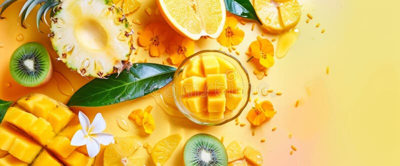 Vivace disposizione di frutta tropicale con un kiwi e agrumi freschi di ananas su fondo giallo chiaro immagini stock