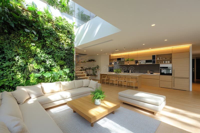 Vivere moderni e sostenibili con giardino verticale e lucernario in un design spazioso e aperto royalty illustrazione gratis