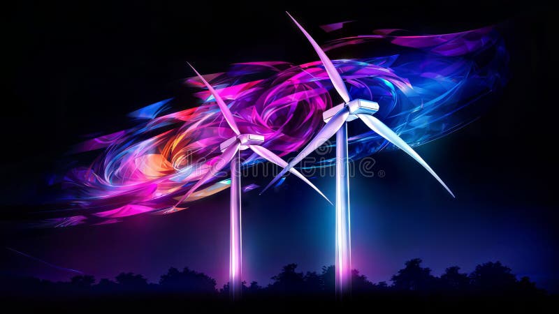 Abstract background of wind turbines in a digital rendering, vivid abstract landscape, generative ai royalty free illustration