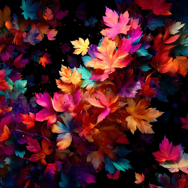 A vivid array of digitally rendered autumn leaves against a dark background. The stock illustration