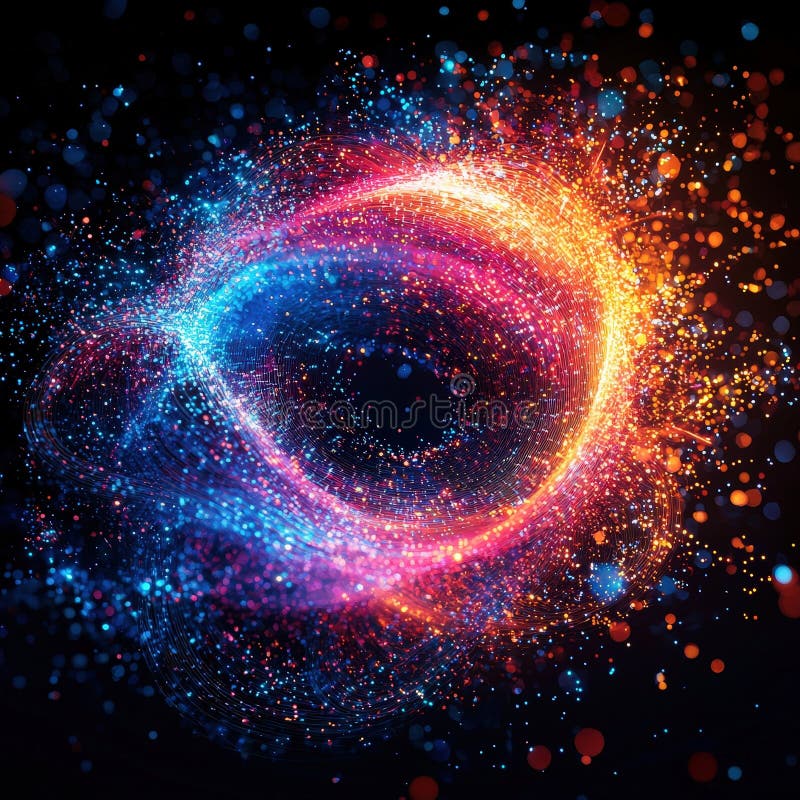Circular explosion of colorful particles in motion. A vivid circular particle explosion in bright pink, blue, and orange gradients, showcasing dynamic energy and futuristic abstraction. A creative AI-generated artwork. AI generated