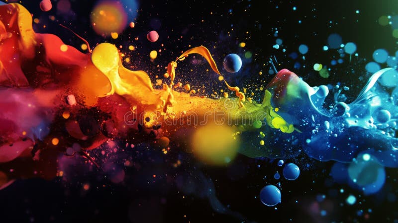 Vivid colorful paint splash in abstract art background. Vivid paint splashes in dynamic motion create an abstract art piece, blending vibrant colors across a dark background. the interaction of liquid forms and glowing hues conveys a sense of energy and creativity, evoking fluidity and boldness. AI generated