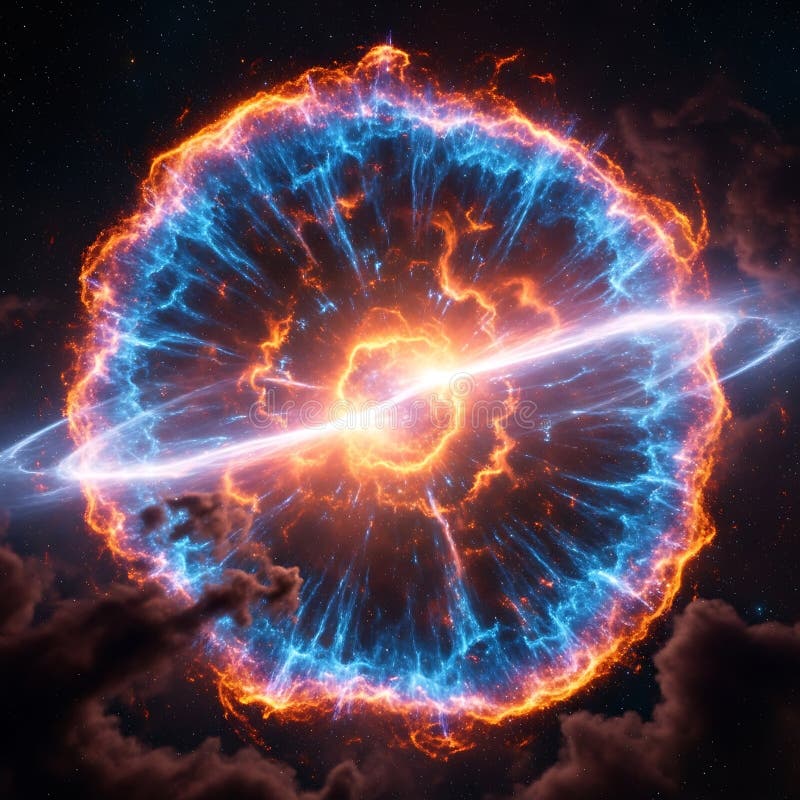 Dramatic visualization of a massive cosmic event, featuring a bright central core ejecting powerful energy. Vibrant blue and orange plasma rings expand outward through dark space clouds. Plasma blast stock images, royalty-free photos and pictures