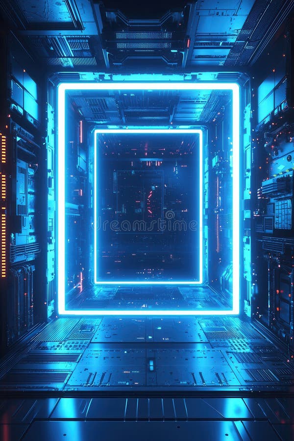 Futuristic digital circuit board design with glowing blue holographic interface royalty free stock photography