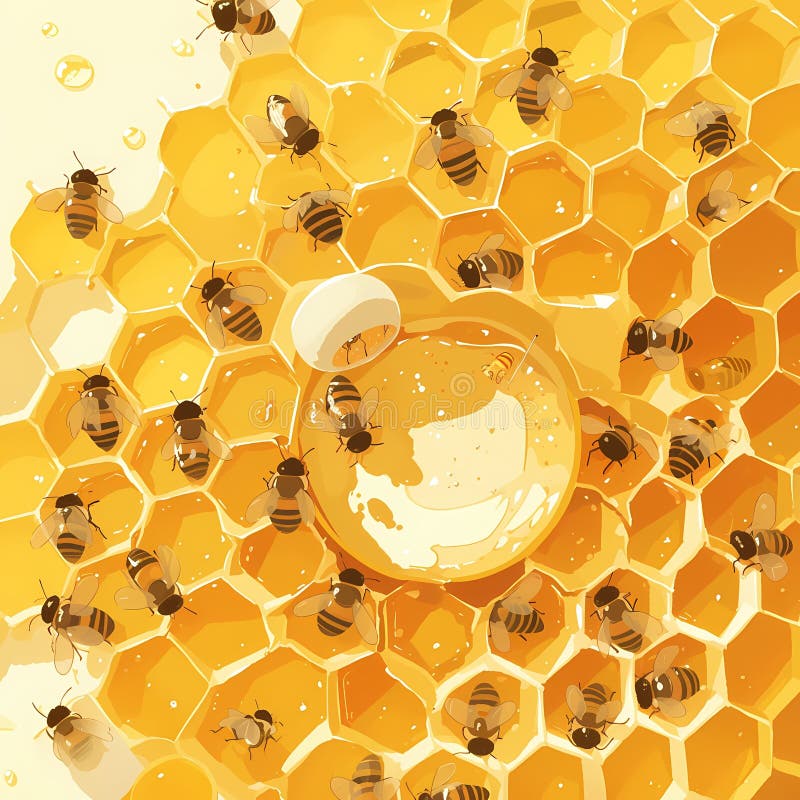 This vivid depiction showcases a hive of bees hard at work in their beehive home. The detailed honeycomb pattern and the abundance of bees buzzing about evoke a sense of harmony with nature. The image's warm tones make it ideal for various design projects, including posters, brochures, or book covers that focus on topics such as honey production, bee conservation, or organic farming practices. This vivid depiction showcases a hive of bees hard at work in their beehive home. The detailed honeycomb pattern and the abundance of bees buzzing about evoke a sense of harmony with nature. The image's warm tones make it ideal for various design projects, including posters, brochures, or book covers that focus on topics such as honey production, bee conservation, or organic farming practices.