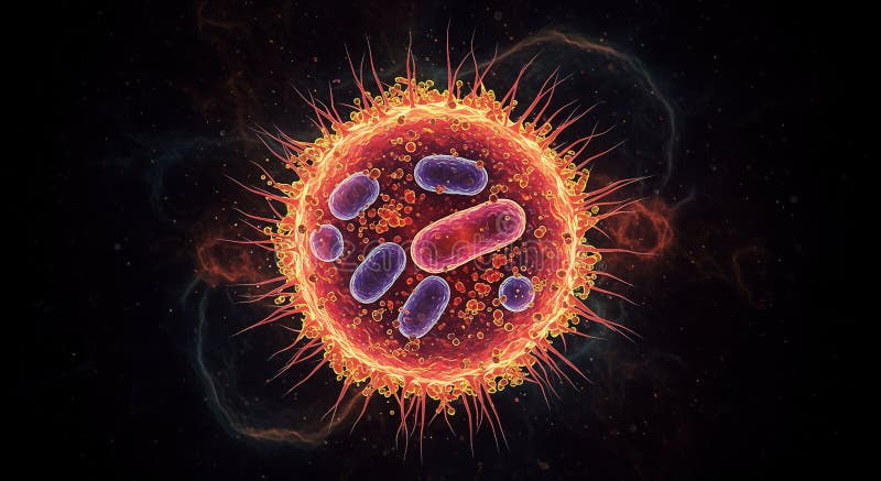 A vivid digital illustration of a virus particle, spherical in shape, with a textured stock illustration