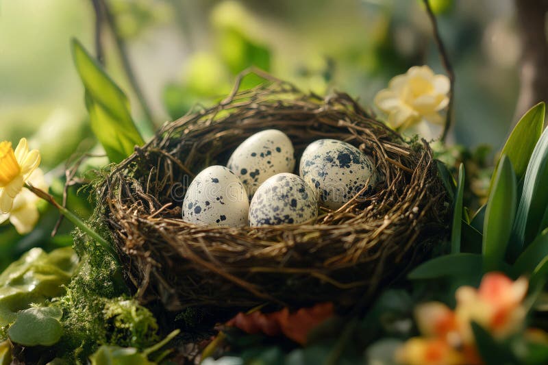 Vivid green Easter eggs in a natural rustic nest royalty free illustration