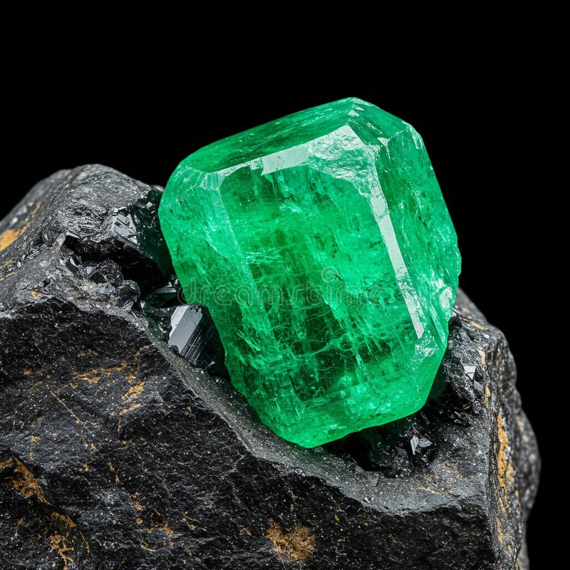 A vivid green emerald crystal is embedded in a dark, rough rock matrix. The emerald stock illustration