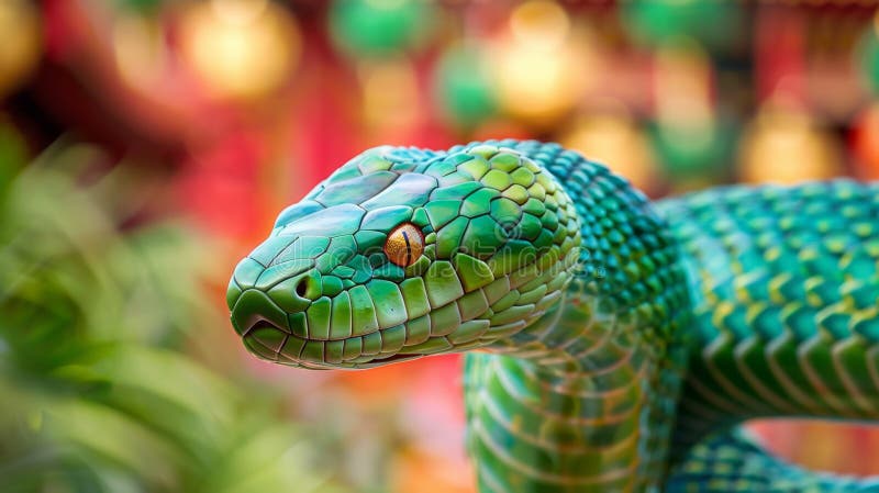 Vivid Green Serpent Sculpture Against Blurred Colorful Background stock photography