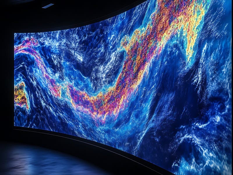 A vivid heatmap display of global ocean currents shown on a large curved screen
