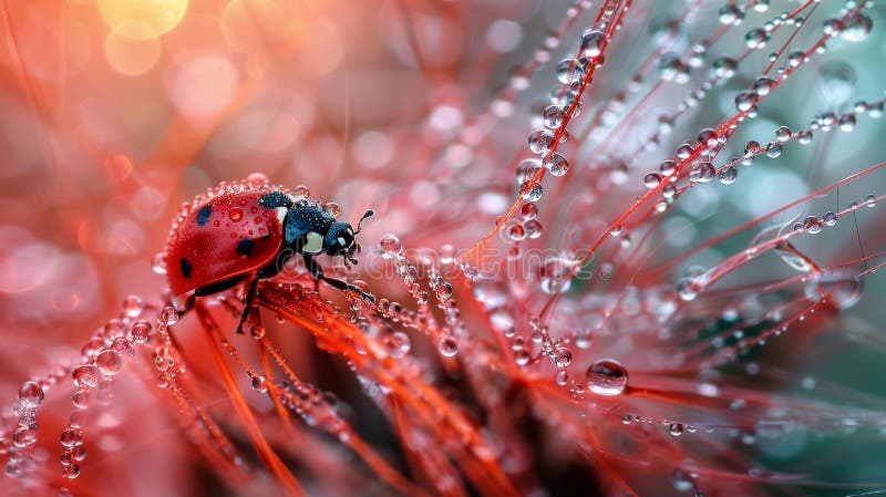 Vivid macro capture ladybug on dewy dandelion at sunrise with vibrant bokeh background royalty free illustration