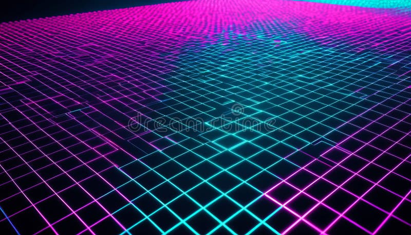 Vivid neon grid landscape with dynamic pink and blue light patterns stock images