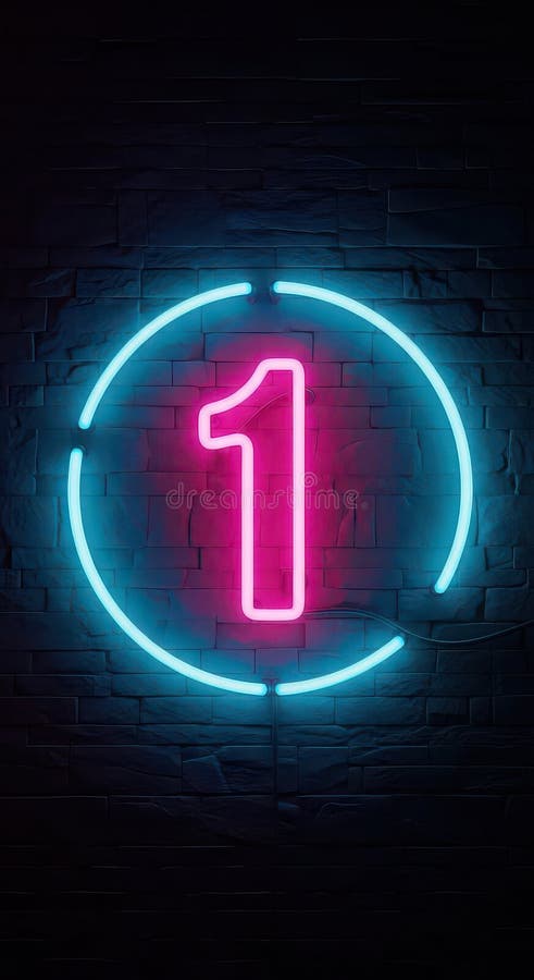 Neon Number 1 in Circle, Electric Blue and Pink Lights on Dark Brick Wall Background stock illustration