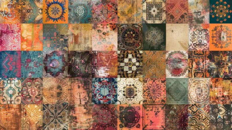 Vivid patchwork of bohemian motifs and intricate patterns stock illustration
