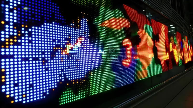 Vivid pixelierte LED-Anzeige zeigt abstraktes farbiges Design mit Lichtern und Formen lizenzfreie abbildung
