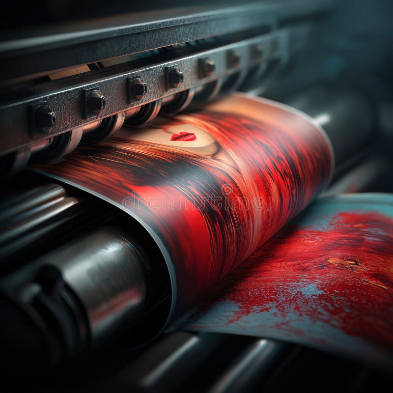 Vivid Printing Process Capturing a Dynamic Image Transfer on High-Quality Paper Using Advanced Machinery in a Modern Print Shop stock photo