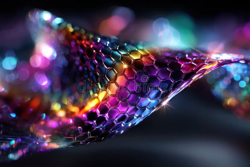 Colorful abstract design with hexagonal patterns and shimmering effects in dark background. Vivid, shimmering wave of hexagonal patterns creates a mesmerizing visual effect felt in dark surroundings. AI generated