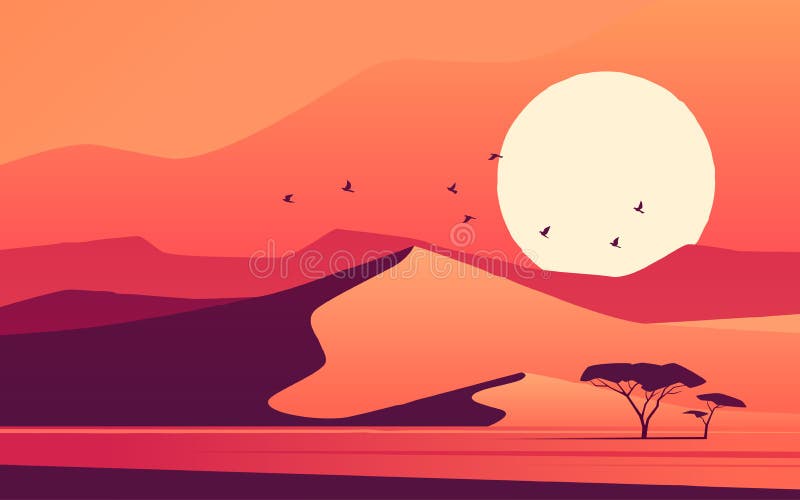 Vivid sunset over the african desert dunes. Vector illustration