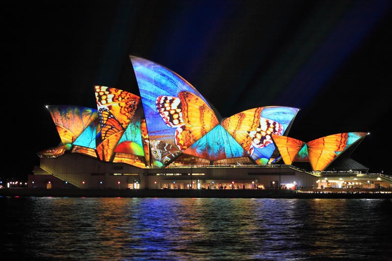 SYDNEY, AUSTRALIA - JUNE 2, 2014; Vivid Sydney Festival, beautiful butterfly imagery projected onto the Sydney Opera House during Vivid annual festival of light, music and ideas. SYDNEY, AUSTRALIA - JUNE 2, 2014; Vivid Sydney Festival, beautiful butterfly imagery projected onto the Sydney Opera House during Vivid annual festival of light, music and ideas