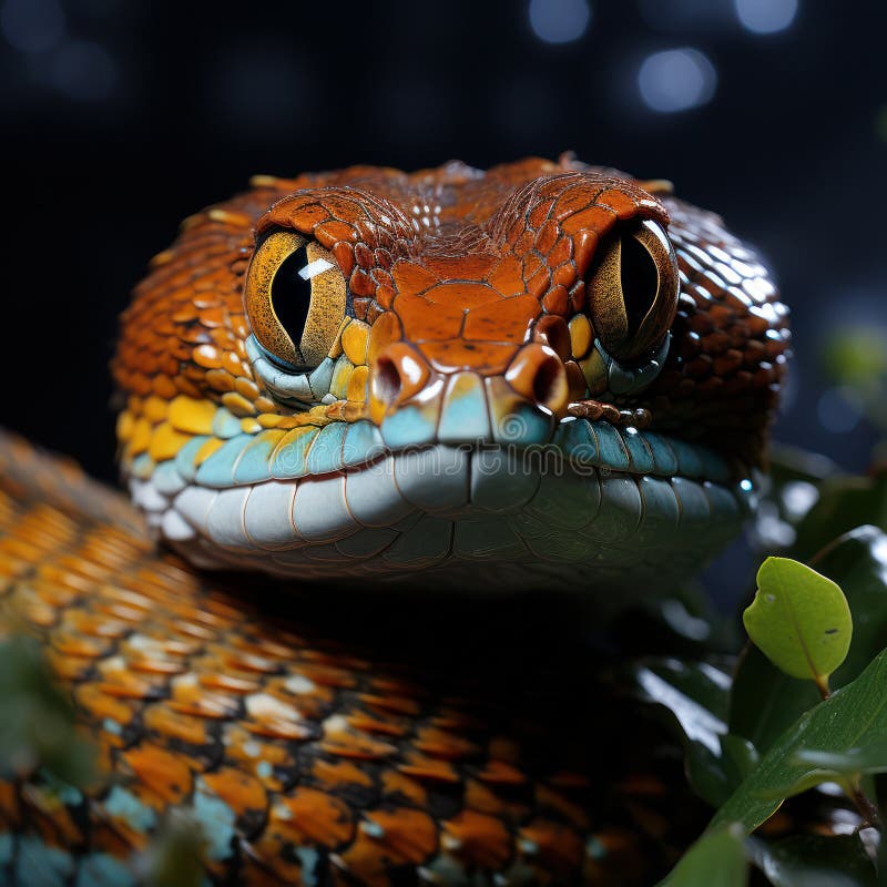 A vividly colored snake's gaze captured in a dark, enchanting environment. AI generation stock photography