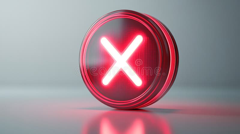 Glowing red cross button isolated on white background for error delete or cancel symbol concept stock illustration
