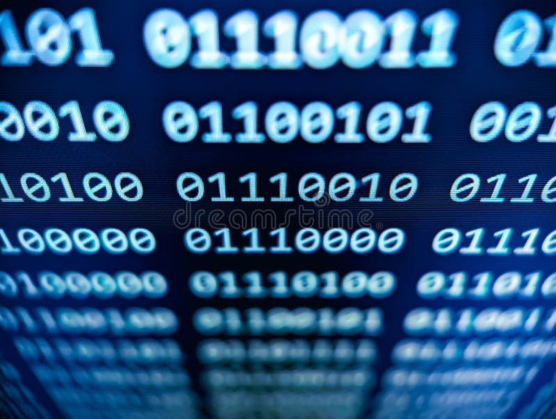 Vizualizare de închidere a codului binar al computerului cu 1 și 0 afișate pe un ecran albastru cu efect focalizat de neclaritate stock photography