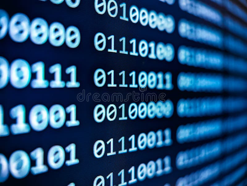 Vizualizare de închidere a codului binar al computerului cu 1 și 0 afișate pe un ecran albastru cu efect focalizat de neclaritate royalty free stock photography