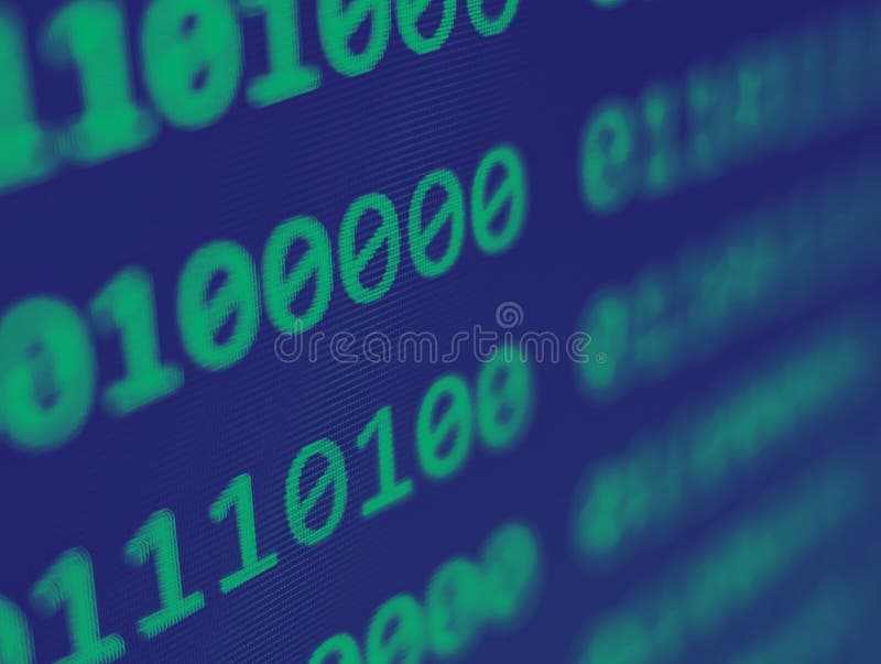 Vizualizare de închidere a codului binar al computerului cu 1 și 0-uri verzi afișate pe un ecran albastru cu efect focalizat de ne stock photography