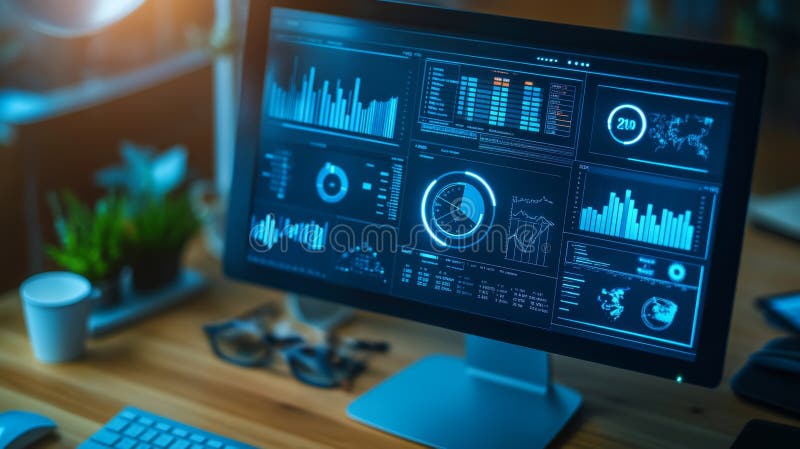 Vizualizare desktop albastră, elegantă, cu vizualizare dinamică a datelor vector illustration