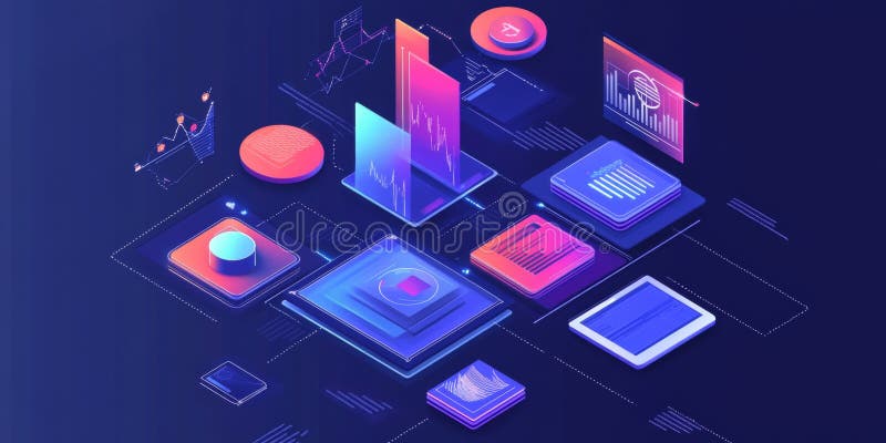 Vizualizare digitală abstractă futuristă cu forme geometrice colorate și modele cu lumini stock illustration