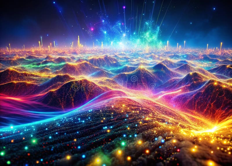Vizualizare Dinamică a Datelor: Explorează un Peisaj Digital Futuristic cu Particule Luminoase Interconectate și Unde Fluide stock illustration