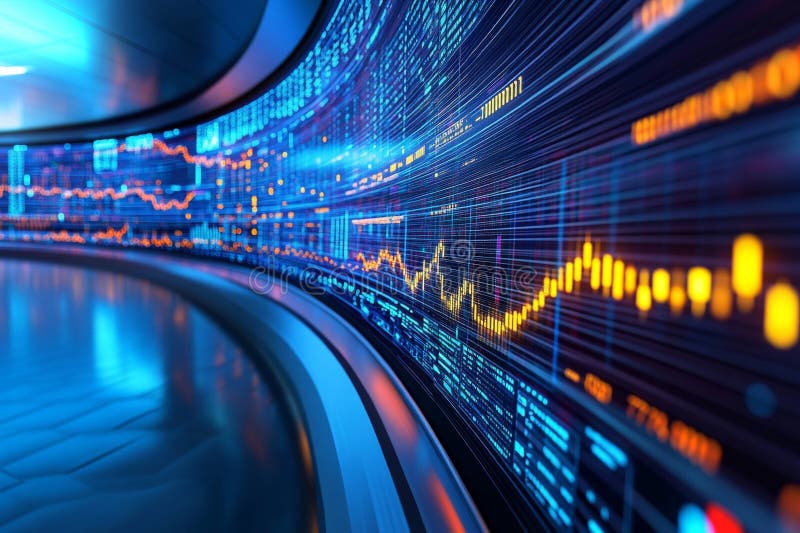 Vizualizare dinamică a datelor financiare cu grafice colorate și tendințe analitice pe ecran vector illustration