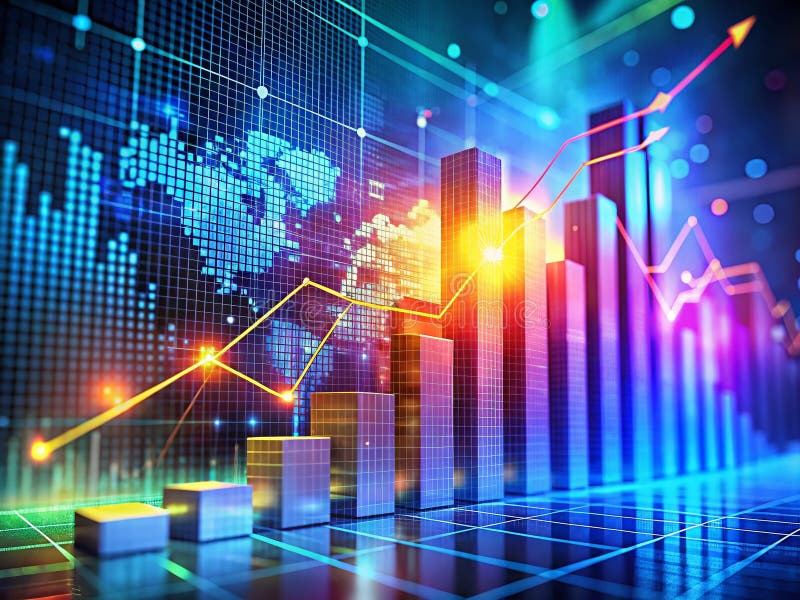 Vizualizare dinamică a datelor financiare: O diagramă 3D redată pe un fundal tehnologic abstract futurist capturat cu stock illustration