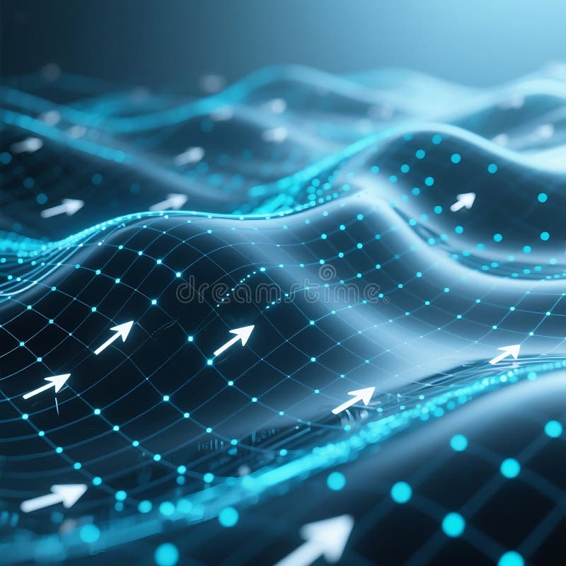 Vizualizare dinamică a rețelei abstracte de flux de date cu săgeți în tendințe ascendente care strălucesc în nodurile albastre stock illustration