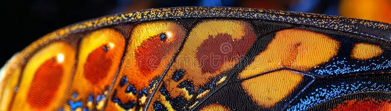Vizualizare macrocomandă aripi fluture Portocaliu Albastru și solduri negre Artă microscopică royalty free illustration