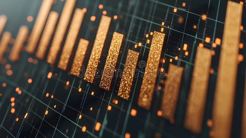 Vizualizarea tendințelor de date : o diagramă de aur 3d uimitoare înconjurată de elemente grafice iluminante vector illustration