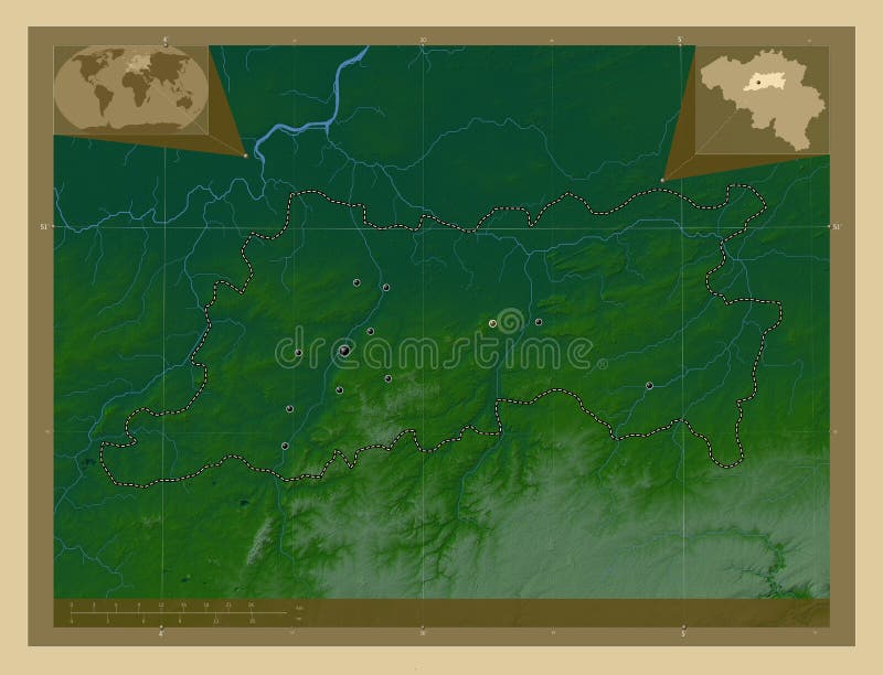 Vlaams Brabant, province of Belgium. Colored elevation map with lakes and rivers. Locations of major cities of the region. Corner auxiliary location maps. Vlaams Brabant, province of Belgium. Colored elevation map with lakes and rivers. Locations of major cities of the region. Corner auxiliary location maps