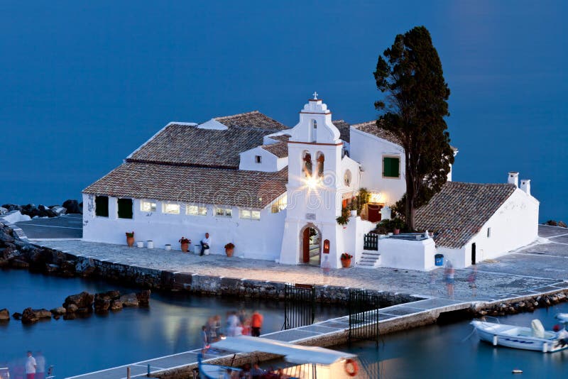 Vlacherna monastery at sunset, Corfu, Greece