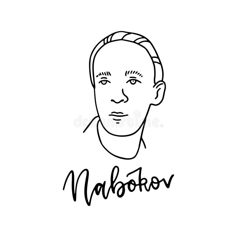 Vladimir Nabokov linear portrait with ink contours. Russian-born novelist, poet, translator and entomologist. Face contour isolated on white background for prints, greeting cards.