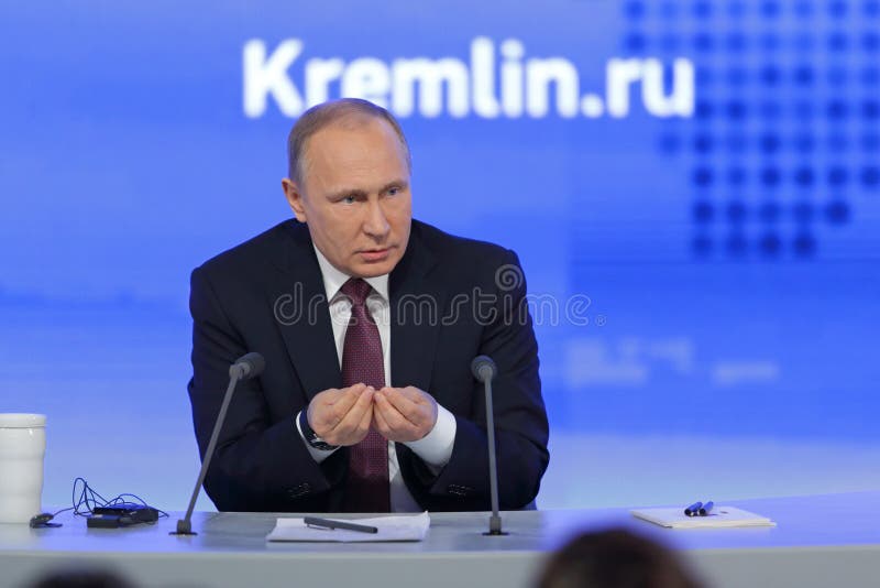 Vladimir Putin. MOSCOW, RUSSIA - DEC 23, 2016: The President of the Russian Federation Vladimir Vladimirovich Putin with eyes closed at the annual press royalty free stock image Vladimir Putin. MOSCOW, RUSSIA - DEC 23, 2016: The President of the Russian Federation Vladimir Vladimirovich Putin with eyes closed at the annual press royalty free stock image