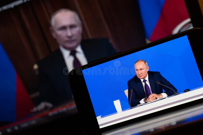 Vladimir Putin on the news. President of Russian speech on TV. Russia and Ukraine war