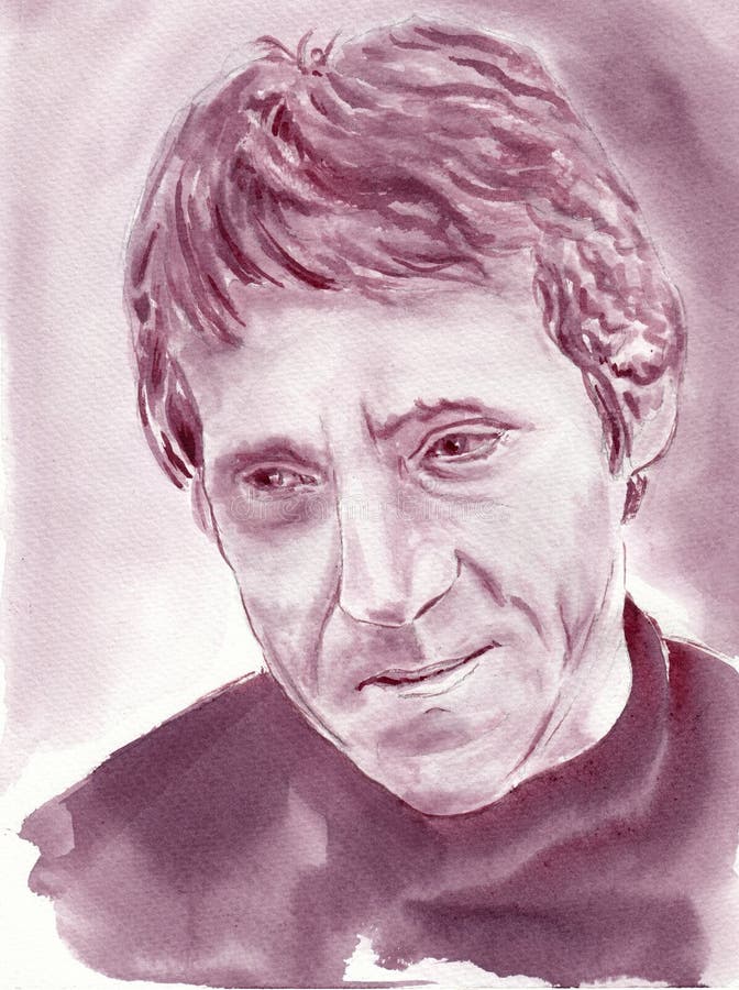 Vladimir Vysotsky, russian artist, poet, performer and singer. Hand made beautiful portrait art painting with red dry wine on paper texture