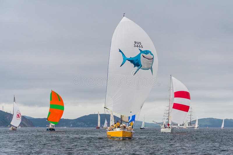 Vladivostok, Russia - circa August 2012: Regatta for Peter the Great Gulf Cup - sailed boat race in Vladivostok, Russia royalty free stock photos Vladivostok, Russia - circa August 2012: Regatta for Peter the Great Gulf Cup - sailed boat race in Vladivostok, Russia royalty free stock photos