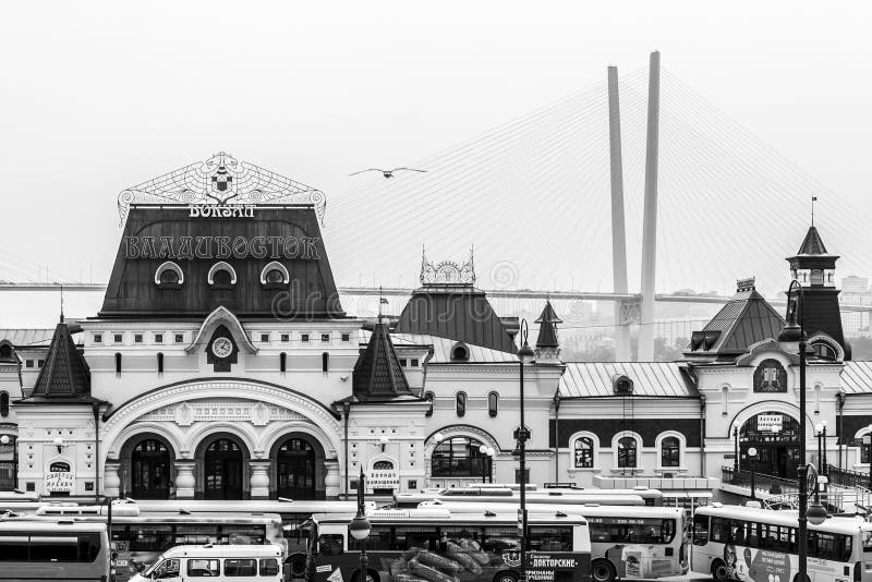 Vladivostok, Russia. Facade of Vladivostok Railroad Station. Trans-Siberian Railway royalty free stock images Vladivostok, Russia. Facade of Vladivostok Railroad Station. Trans-Siberian Railway royalty free stock images