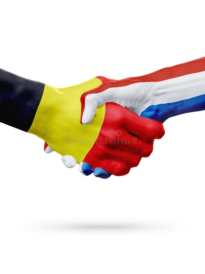 Vlaggen België, de landen van Nederland, de handdrukconcept van de vennootschapvriendschap