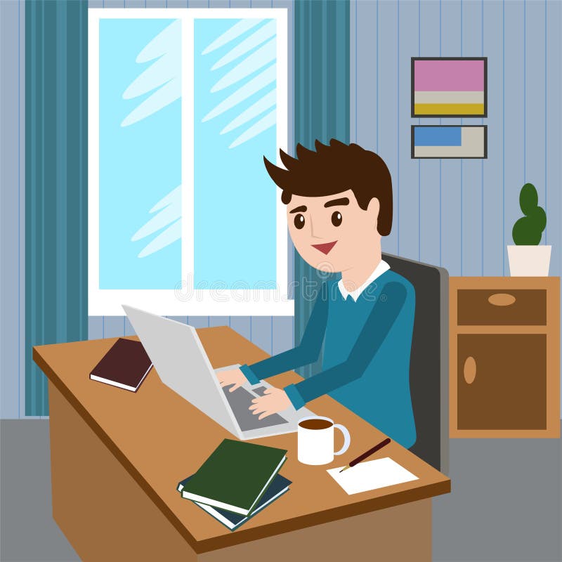 Vlak de levensstijlconcept van de ontwerp modern illustratie de knappe mens in toevallige T-shirtzitting bij het bureau en het we vector illustratie Vlak de levensstijlconcept van de ontwerp modern illustratie de knappe mens in toevallige T-shirtzitting bij het bureau en het we vector illustratie