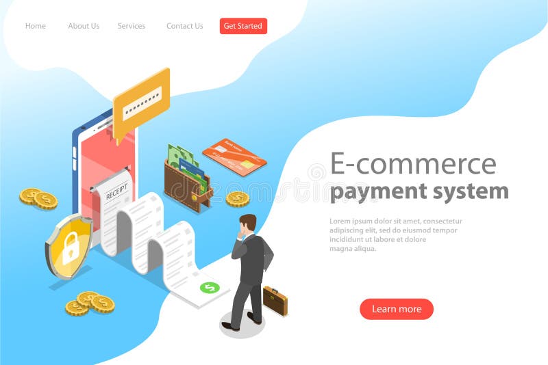 Vlak isometrisch vectorlandingspaginamalplaatje van het systeem van de e-commercebetaling royalty-vrije illustratie Vlak isometrisch vectorlandingspaginamalplaatje van het systeem van de e-commercebetaling royalty-vrije illustratie