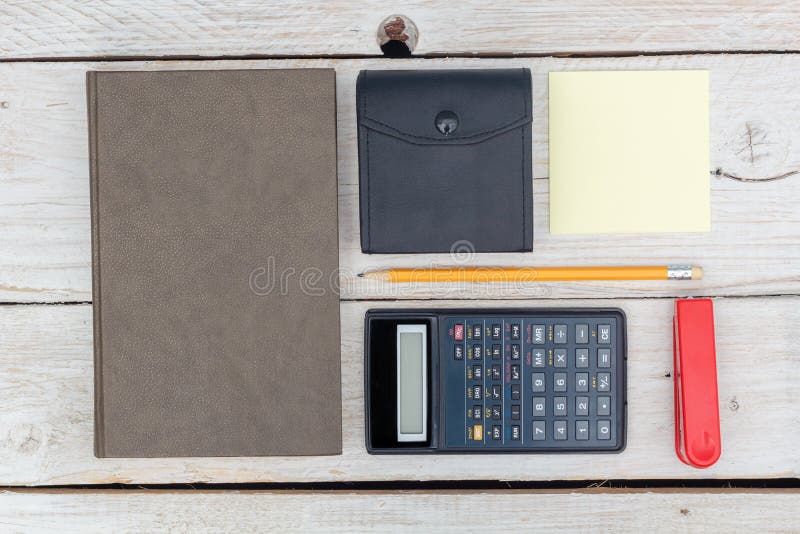 Vlak leg: agenda en calculator stock afbeelding Vlak leg: agenda en calculator stock afbeelding