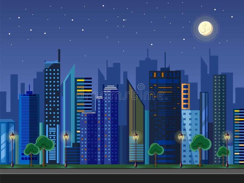 Vlak stijl modern ontwerp van het stedelijke landschap van de nachtstad stock illustratie Vlak stijl modern ontwerp van het stedelijke landschap van de nachtstad stock illustratie
