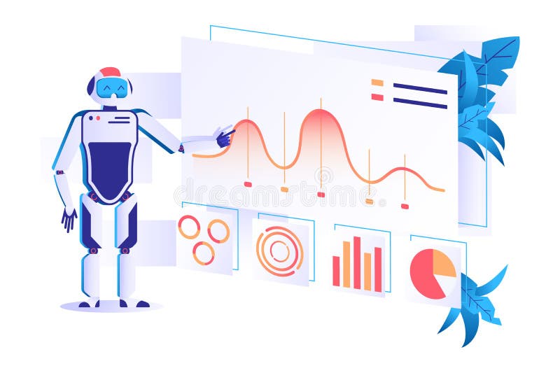 Vlakke automatiseringsrobot voor gegevensanalyse met grafieken vector illustratie Vlakke automatiseringsrobot voor gegevensanalyse met grafieken vector illustratie